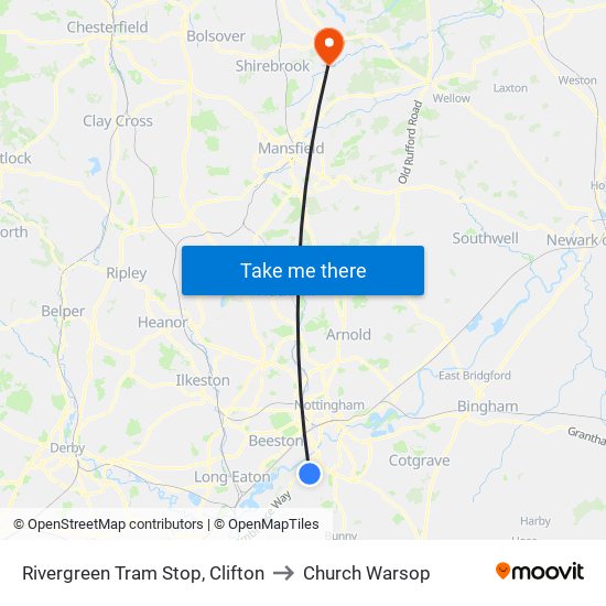 Rivergreen Tram Stop, Clifton to Church Warsop map
