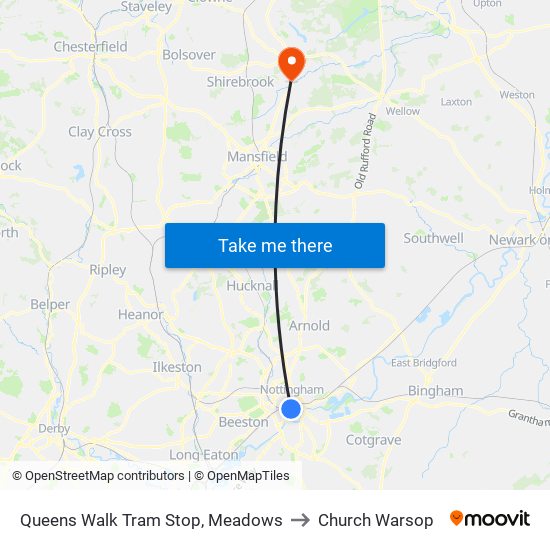 Queens Walk Tram Stop, Meadows to Church Warsop map