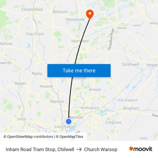 Inham Road Tram Stop, Chilwell to Church Warsop map
