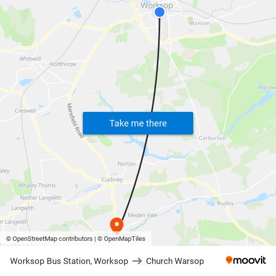 Worksop Bus Station, Worksop to Church Warsop map