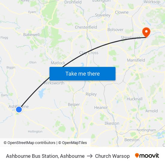 Ashbourne Bus Station, Ashbourne to Church Warsop map