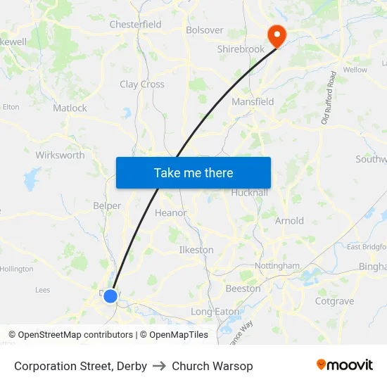 Corporation Street, Derby to Church Warsop map