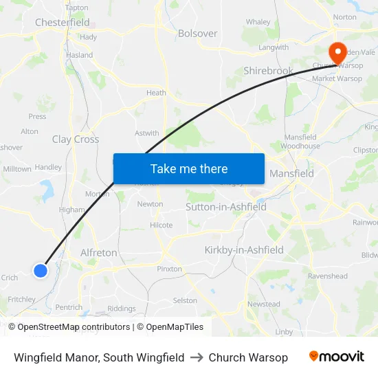 Wingfield Manor, South Wingfield to Church Warsop map