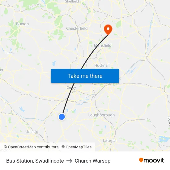 Bus Station, Swadlincote to Church Warsop map