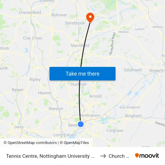 Tennis Centre, Nottingham University Main Campus (Un08) to Church Warsop map
