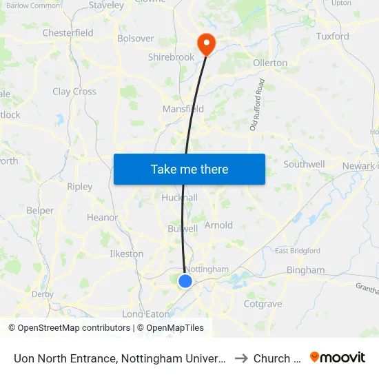Uon North Entrance, Nottingham University Main Campus (Un14) to Church Warsop map