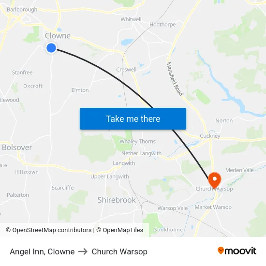 Angel Inn, Clowne to Church Warsop map