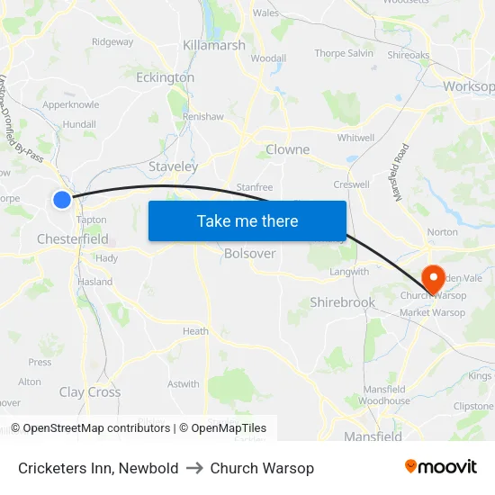 Cricketers Inn, Newbold to Church Warsop map