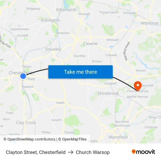 Clayton Street, Chesterfield to Church Warsop map