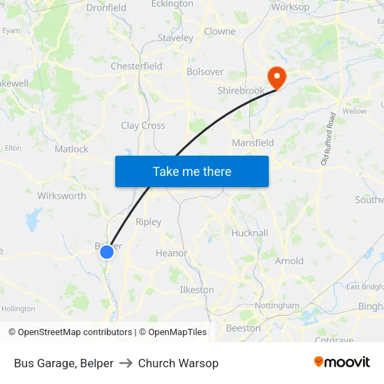 Bus Garage, Belper to Church Warsop map