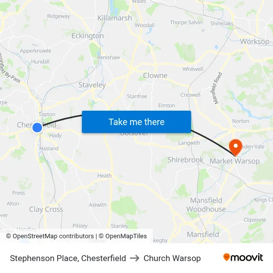 Stephenson Place, Chesterfield to Church Warsop map