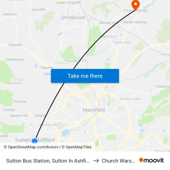 Sutton Bus Station, Sutton In Ashfield to Church Warsop map