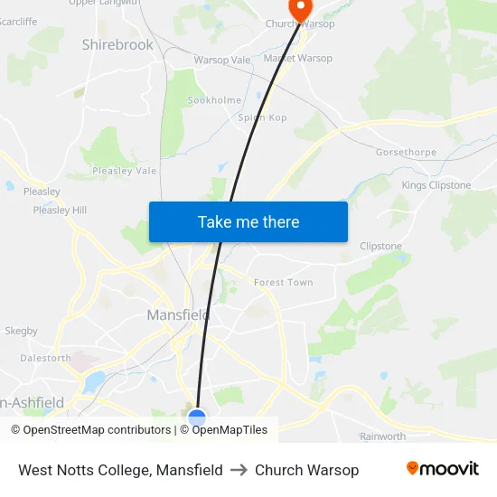 West Notts College, Mansfield to Church Warsop map
