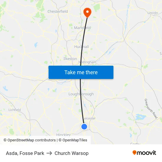 Asda, Fosse Park to Church Warsop map