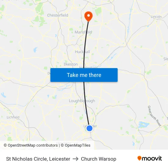 St Nicholas Circle, Leicester to Church Warsop map