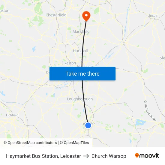 Haymarket Bus Station, Leicester to Church Warsop map