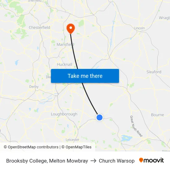 Brooksby College, Melton Mowbray to Church Warsop map