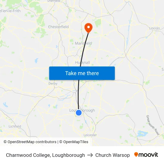 Charnwood College, Loughborough to Church Warsop map