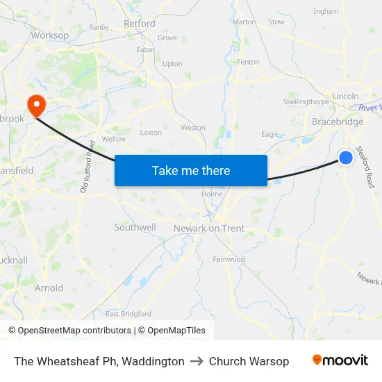 The Wheatsheaf Ph, Waddington to Church Warsop map