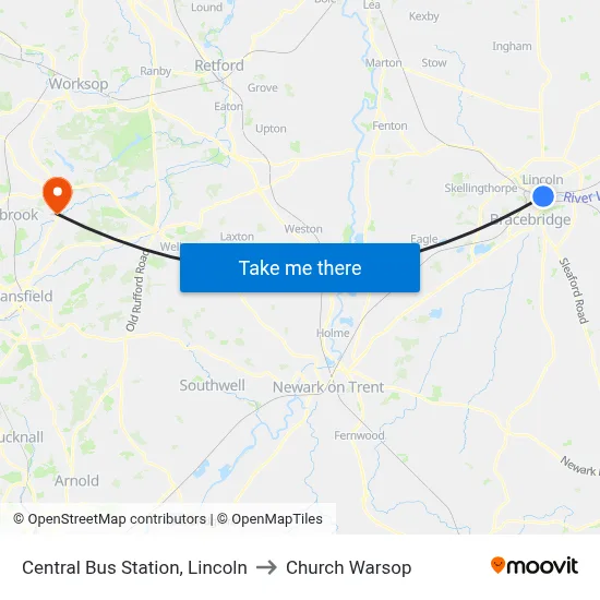 Central Bus Station, Lincoln to Church Warsop map