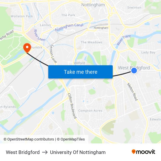 West Bridgford to University Of Nottingham map