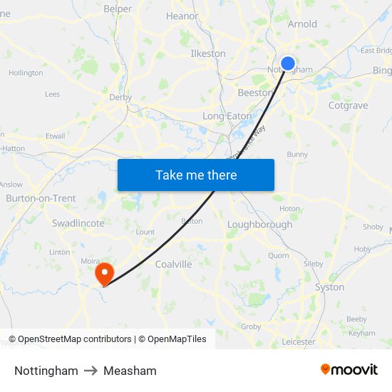 Nottingham to Measham map