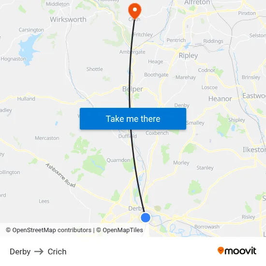 Derby to Crich map