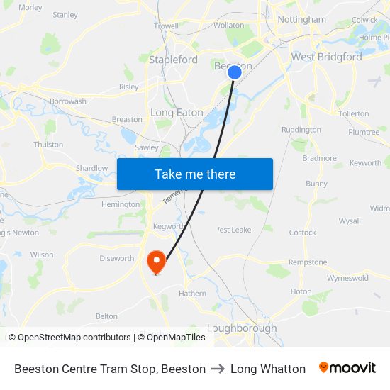 Beeston Centre Tram Stop, Beeston to Long Whatton map