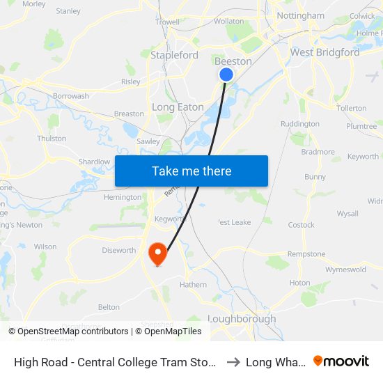 High Road - Central College Tram Stop, Chilwell to Long Whatton map