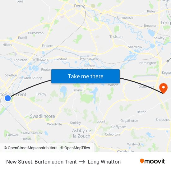 New Street, Burton upon Trent to Long Whatton map