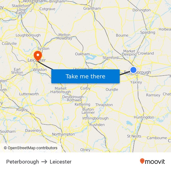 Peterborough to Leicester map