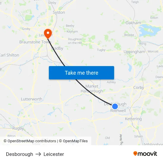 Desborough to Leicester map