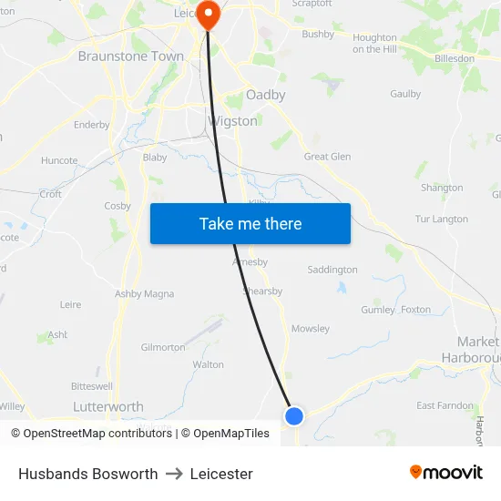 Husbands Bosworth to Leicester map
