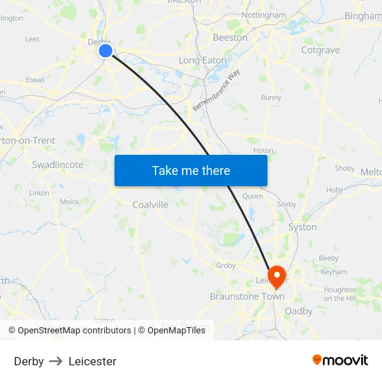 Derby to Leicester map