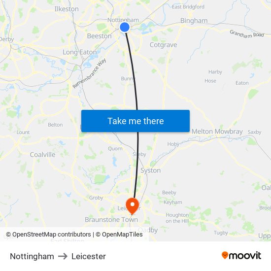 Nottingham to Leicester map