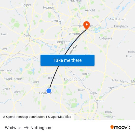 Whitwick to Nottingham map