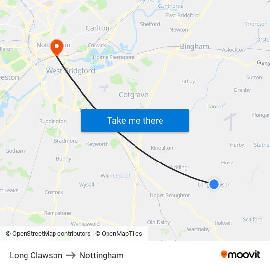 Long Clawson to Nottingham map