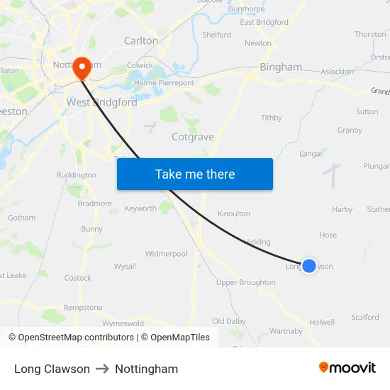 Long Clawson to Nottingham map