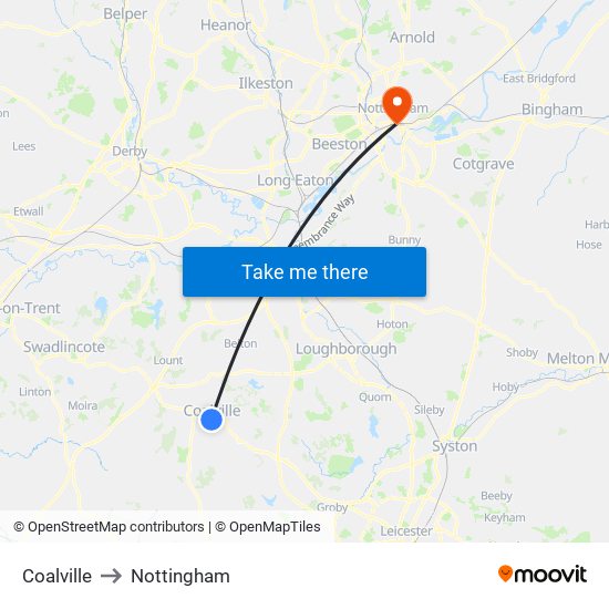 Coalville to Nottingham map