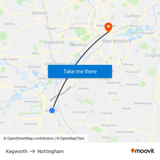 Kegworth to Nottingham map