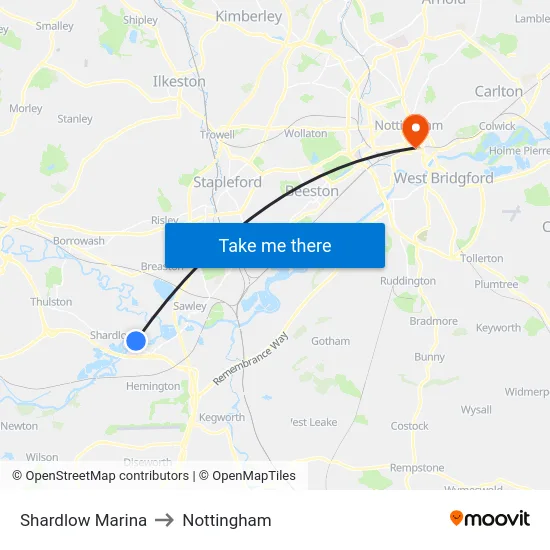 Shardlow Marina to Nottingham map