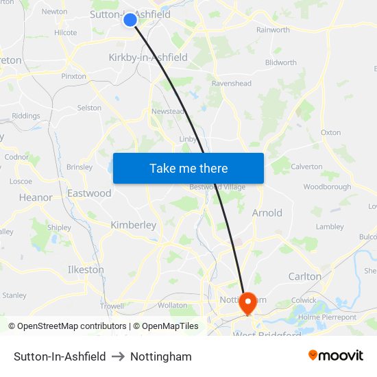Sutton-In-Ashfield to Nottingham map