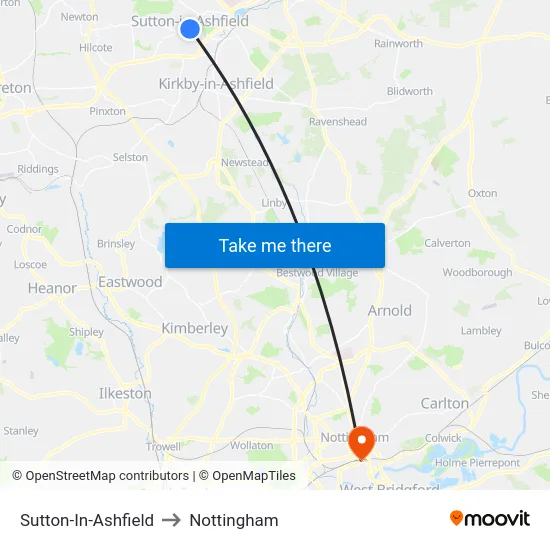 Sutton-In-Ashfield to Nottingham map