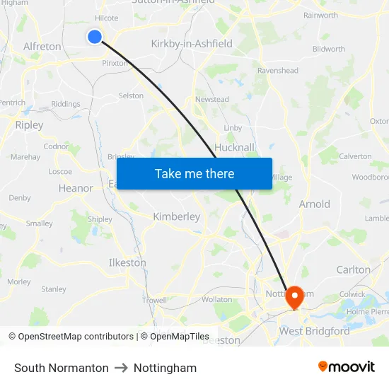 South Normanton to Nottingham map