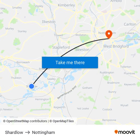 Shardlow to Nottingham map