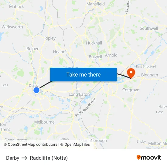 Derby to Radcliffe (Notts) map