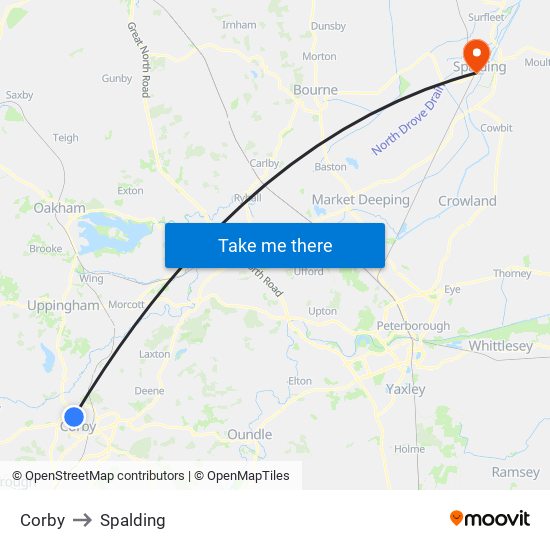 Corby to Spalding map