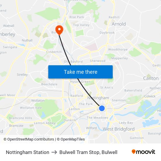 Nottingham Station to Bulwell Tram Stop, Bulwell map