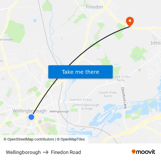 Wellingborough to Finedon Road map