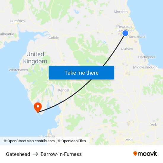 Gateshead to Barrow-In-Furness map